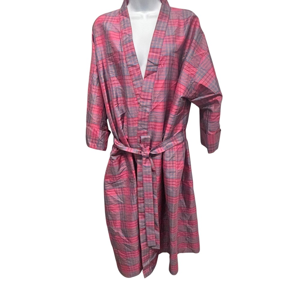 Shinawatra Trading Thai Silk Robe Pink Purple Plaid Wrap Tie Waist Pockets